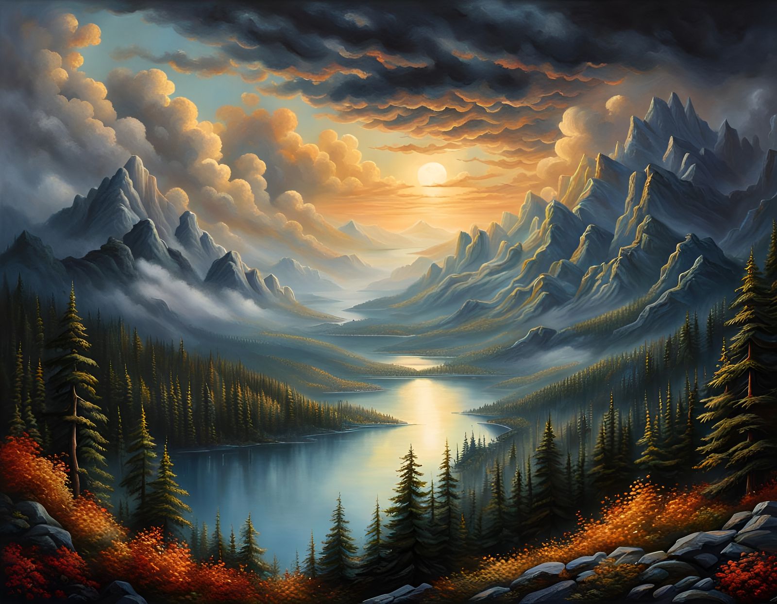 Gloomy Landscape with Cloaked Figure in Detailed Painting