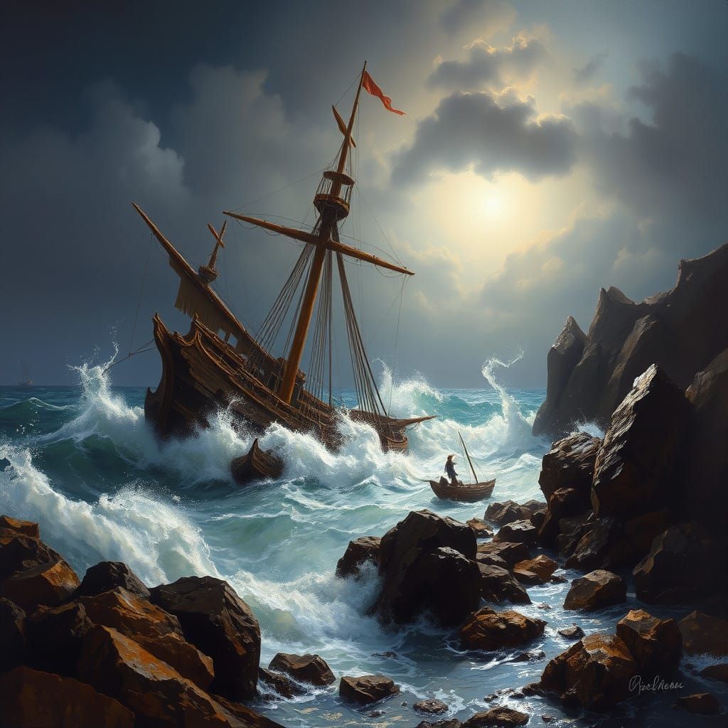 Dramatic Seascape with Shipwrecked Vessel and Rocky Shorelin...