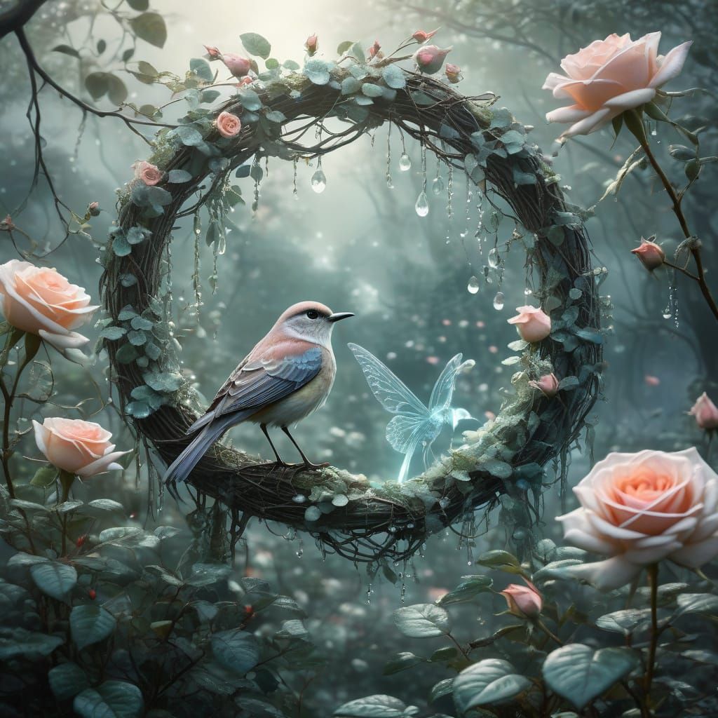 Enchanted Rose Garden with Bird in Pastel Colors
