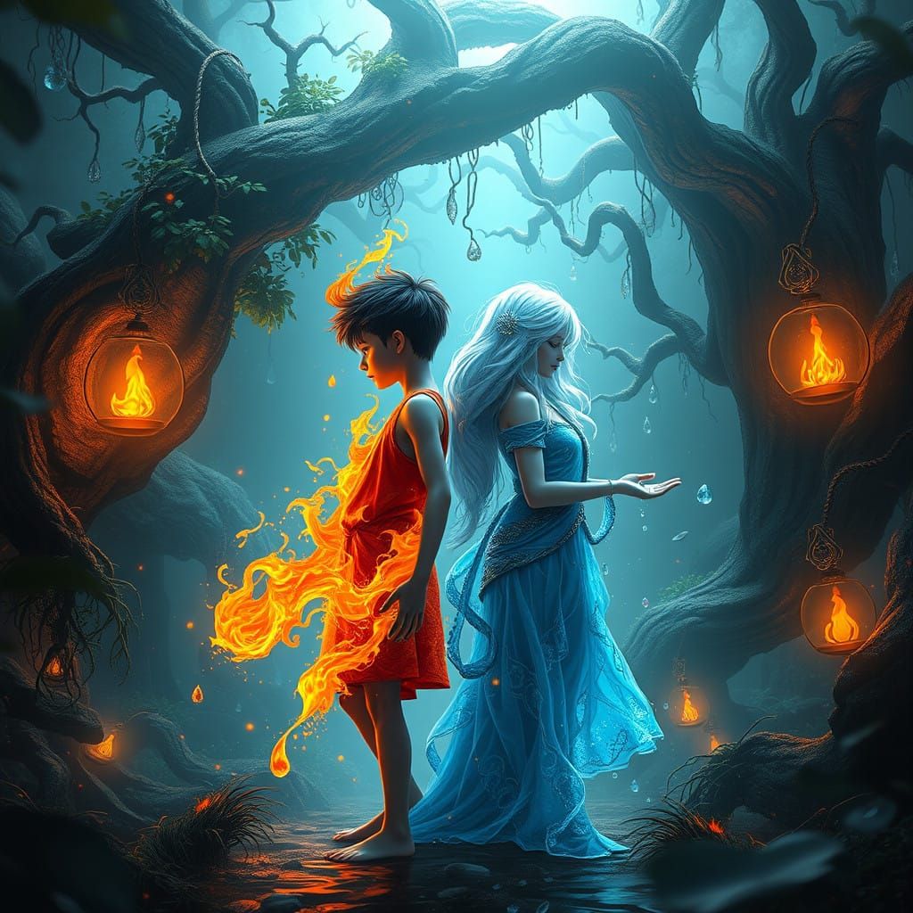 Vibrant Fire Boy and Serene Water Girl in Mystical Landscape