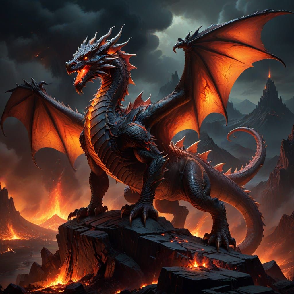 Ancient Dragon Surveying Flaming Village in Dark Fantasy Sty...