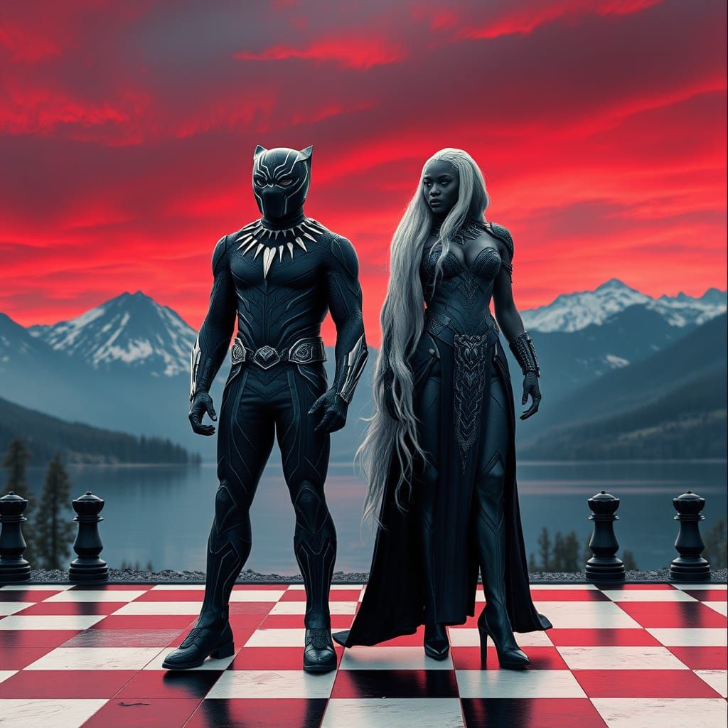 Black Panther and Storm on Chessboard, Cinematic Still