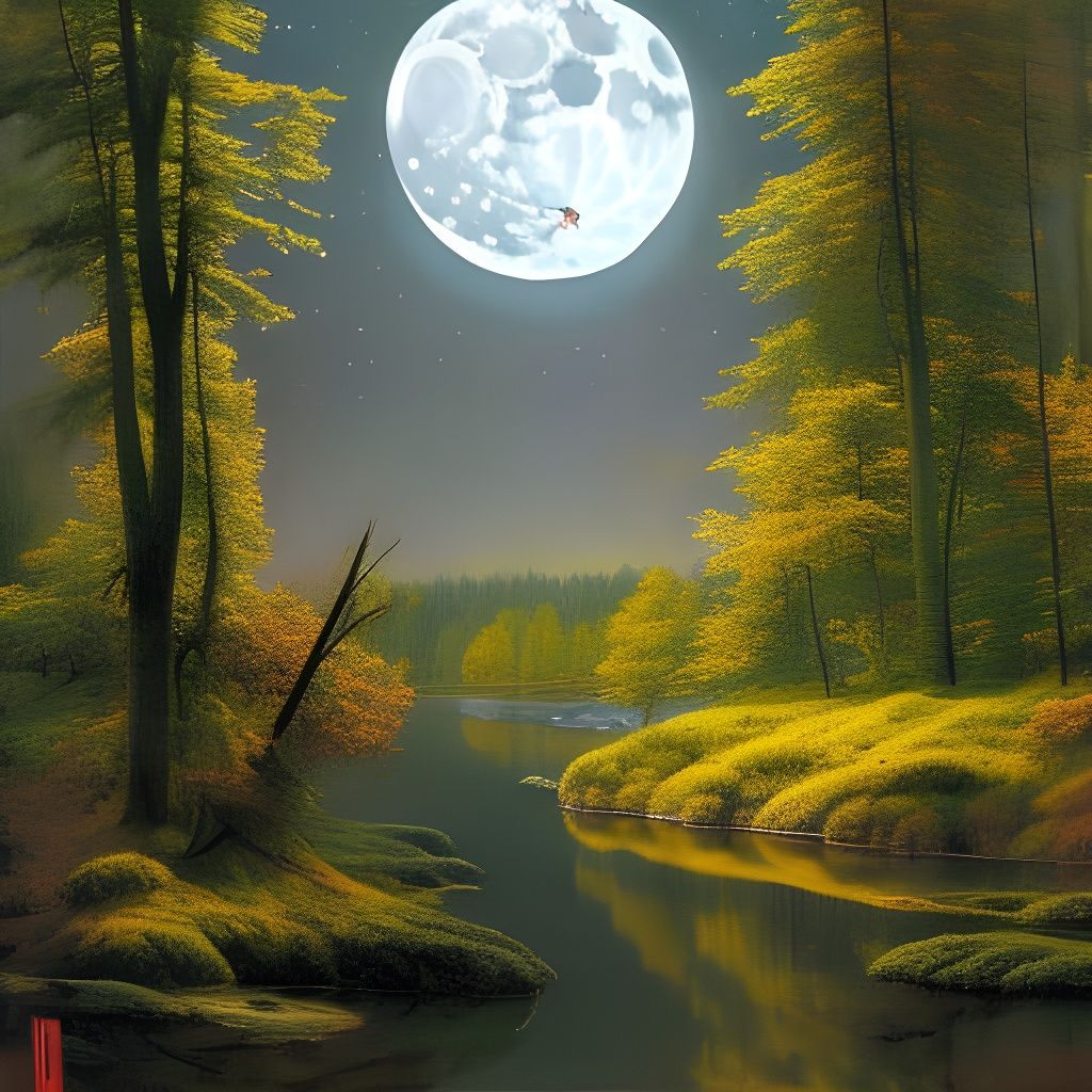 Woodland Fantasy Moon in Oil Painting Style