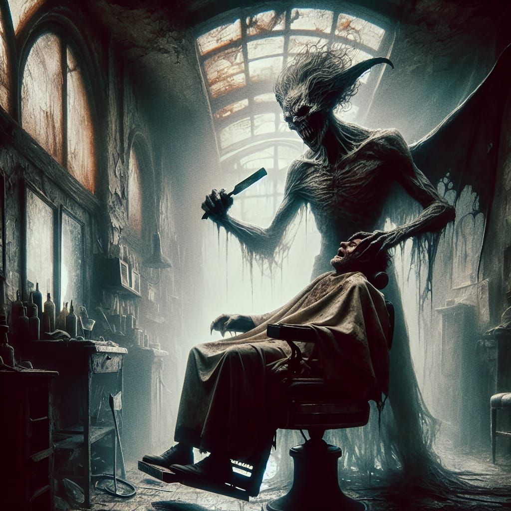 Ghostly Barber in a Neglected Shop: Romantic Oil Painting