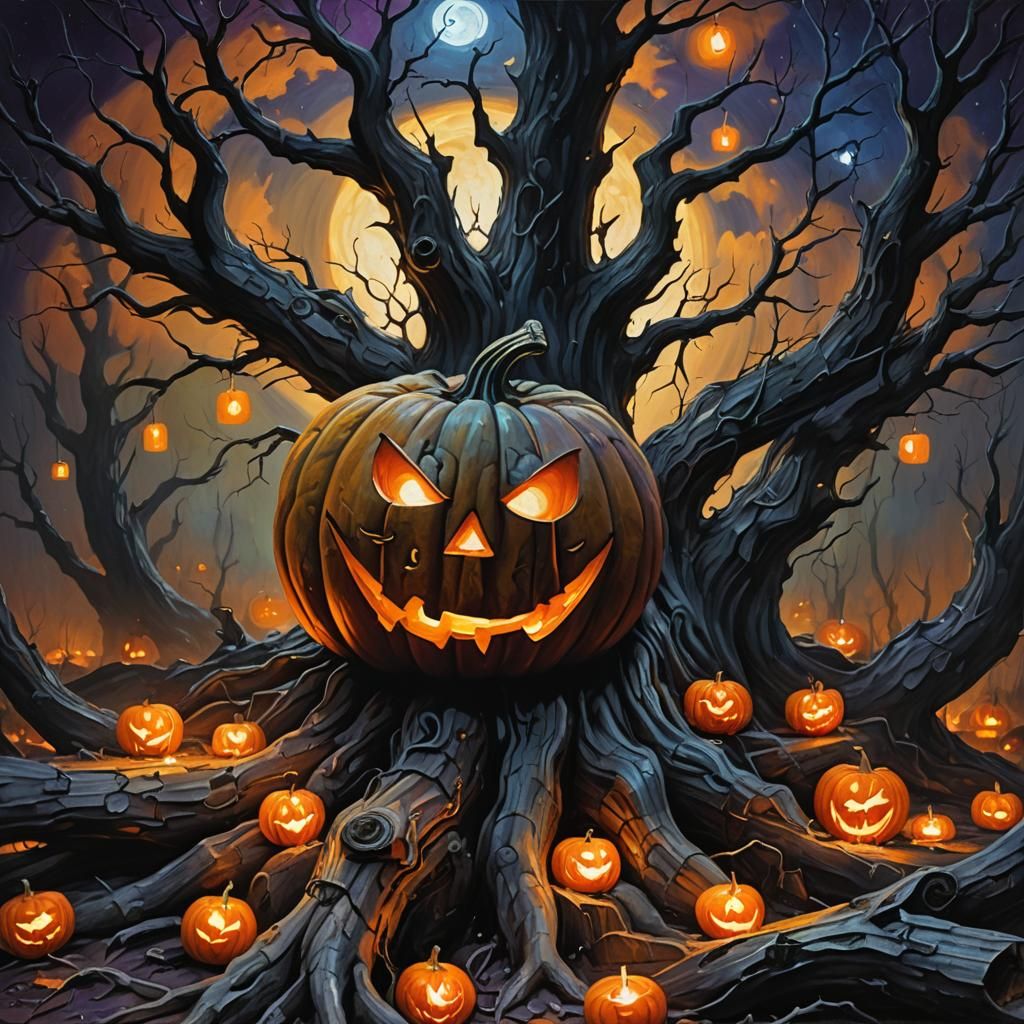 Eerie Jack-o'-Lantern in Dark Fantasy Impasto Style