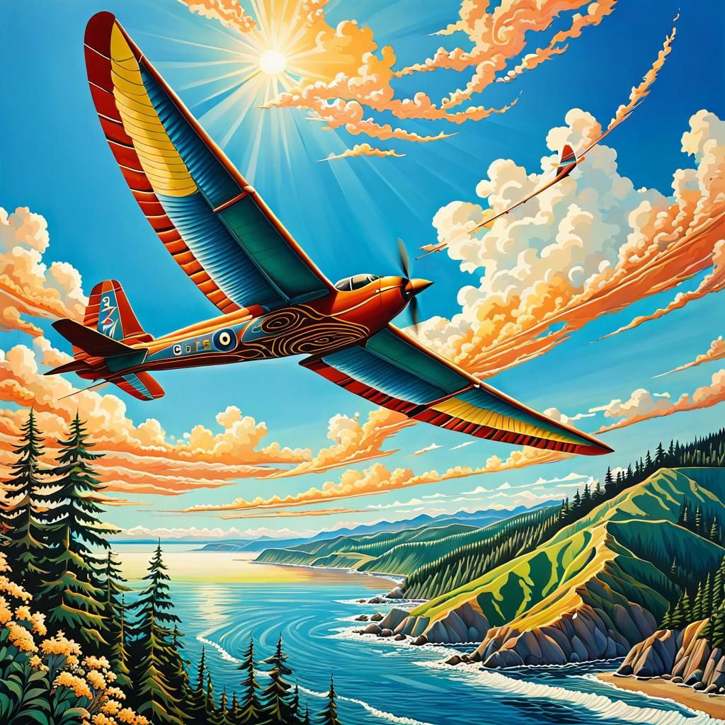 Glider Soaring Over Washington Coast in Ink Art