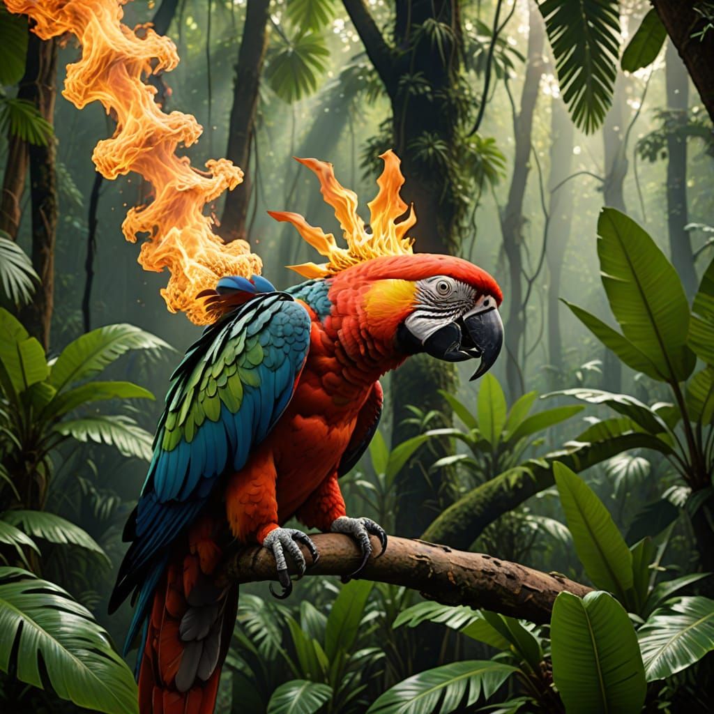 Giant Parrot Ignites Tropical Rainforest