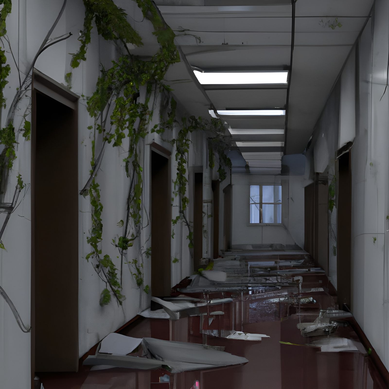 Abandoned Office Hallway with Vines in 3D