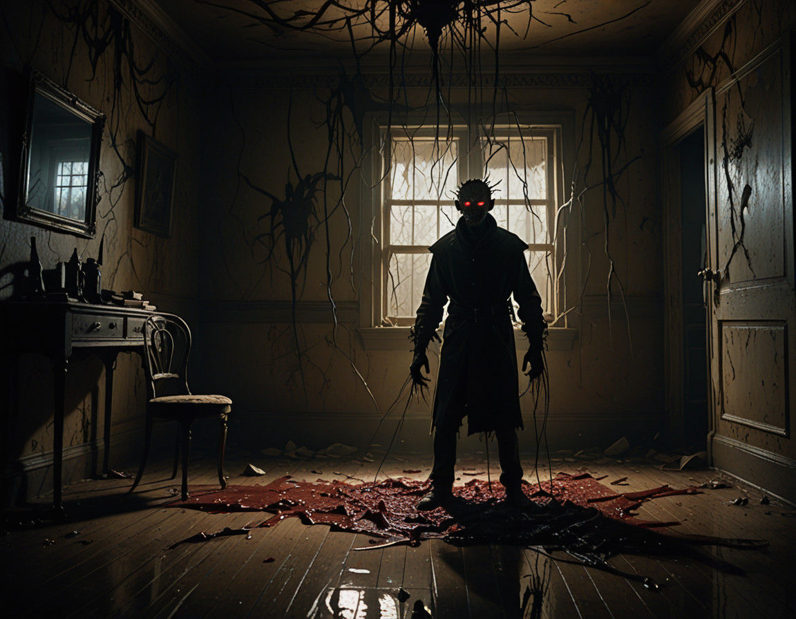 Sinister Shadow Emerges from a Haunted Mirror in a Creepy, D...