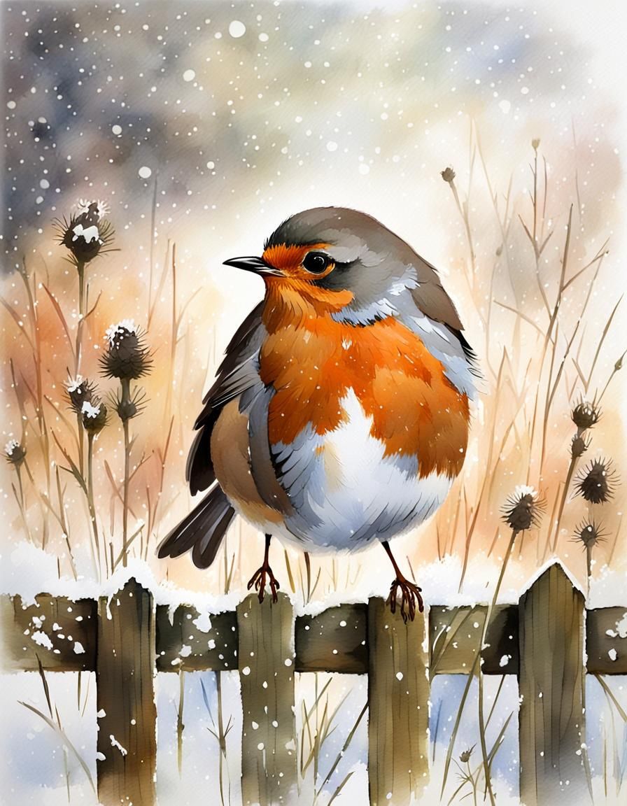Robin in Snowy Thistle Garden: Watercolour