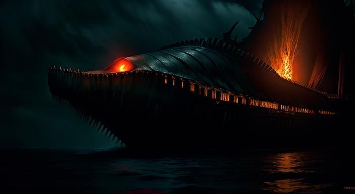 Swimmer Escaping Lovecraftian Sea Monster in Dark Water