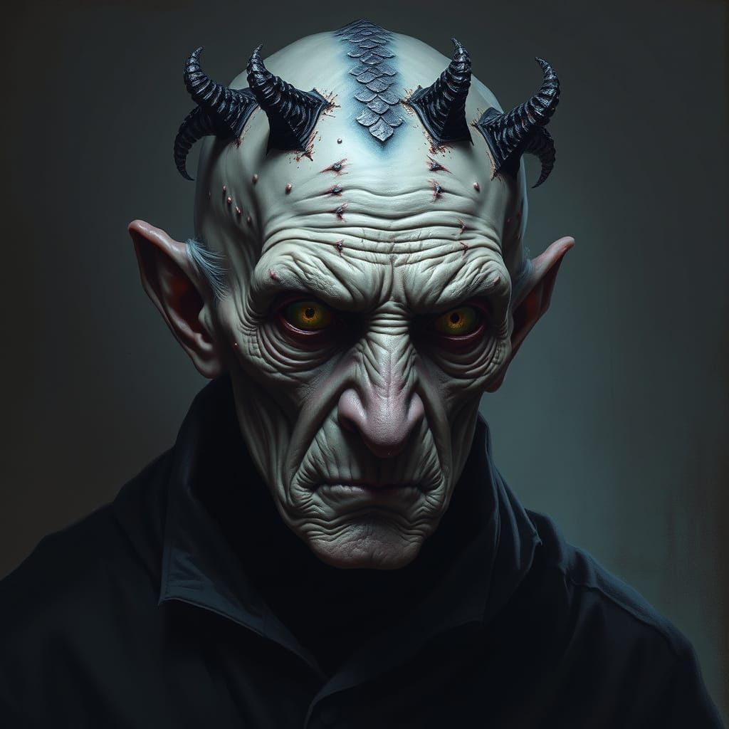 Gaunt Old Man with Dragon Scale Scars in Haunting Style