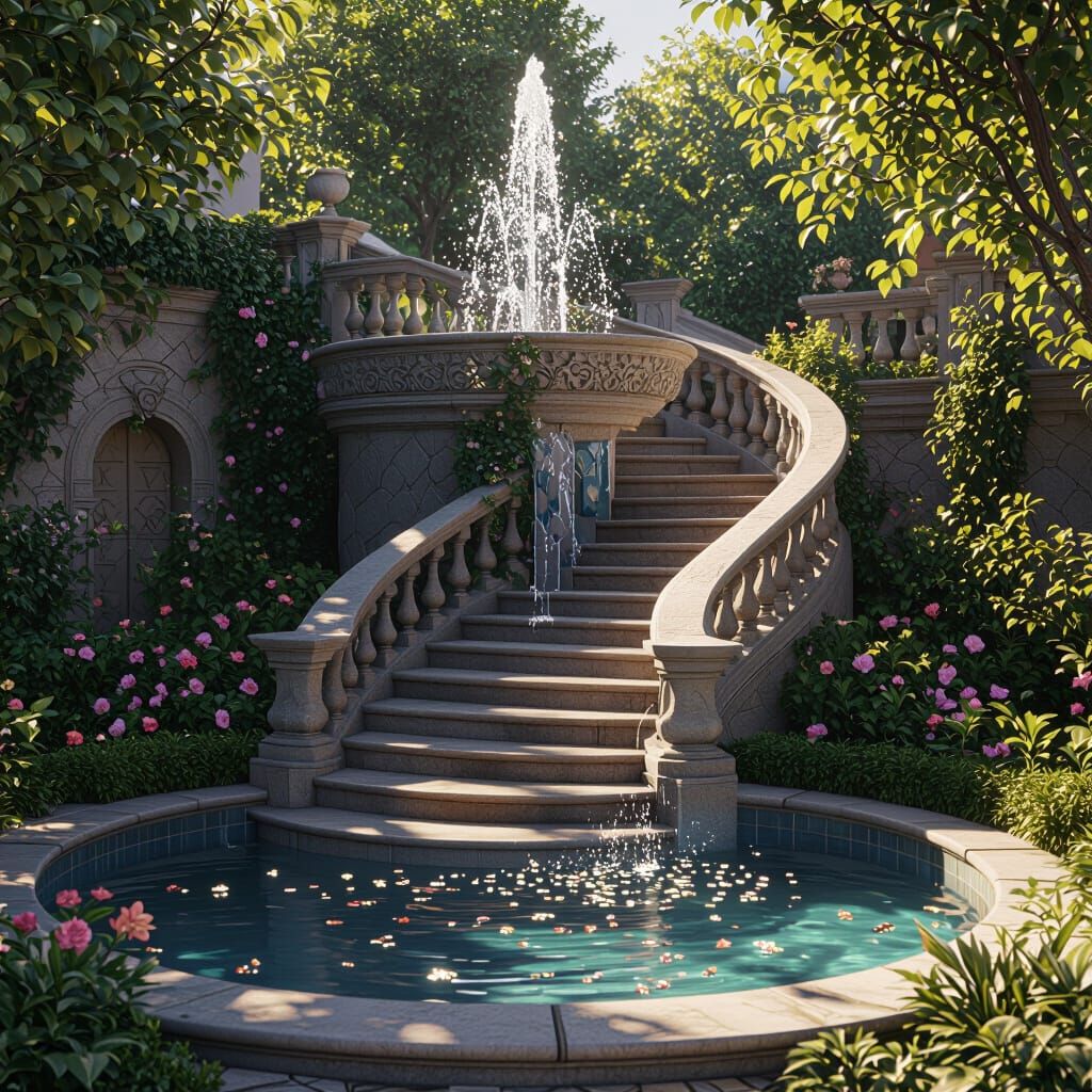 Fantasy Fountain With Staircase To Garden