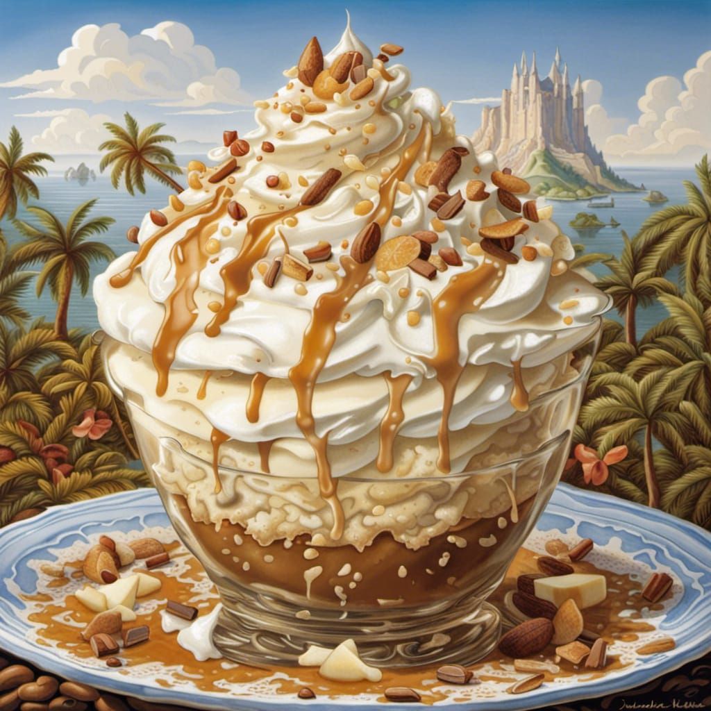 Caramel dripping coconut flakes whipped cream pear dessert