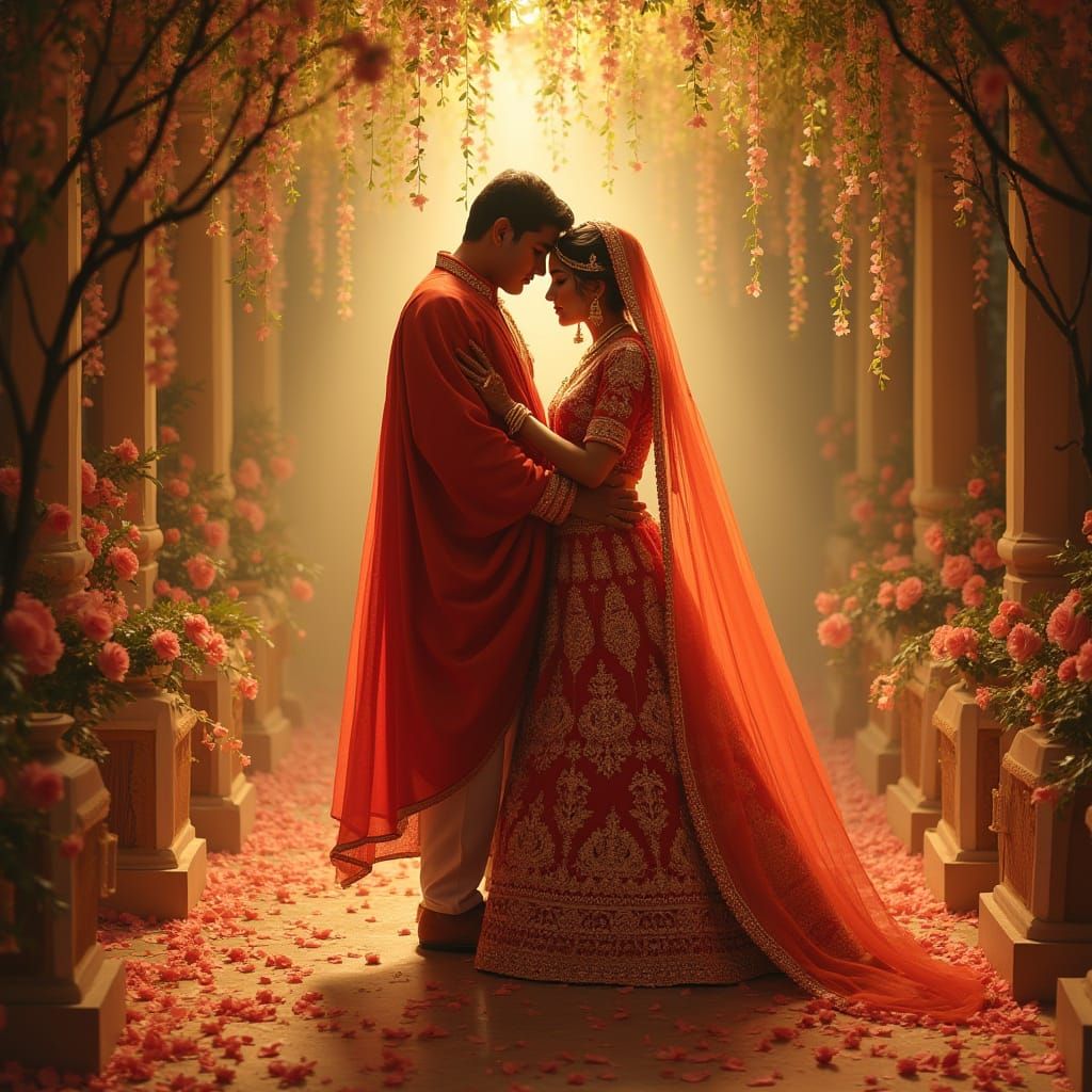 Bridal Couple in Golden Light, Indian Art Style