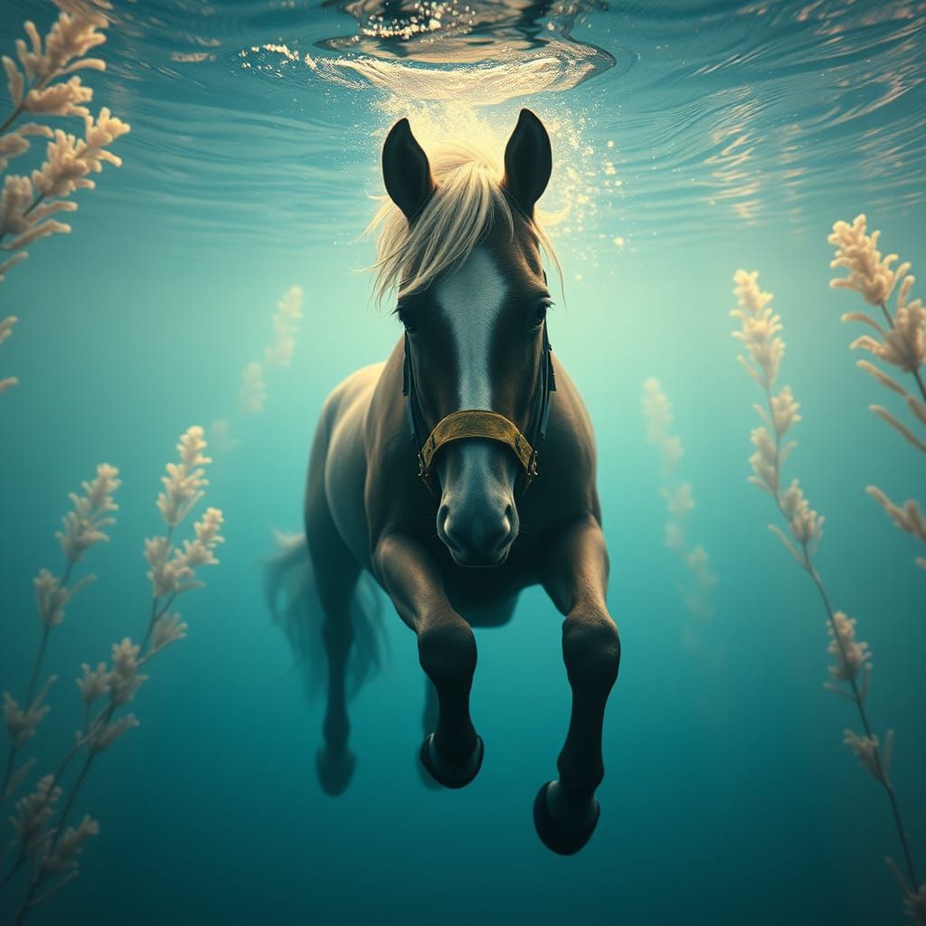Underwater Horse with Snorkel in Surreal Style