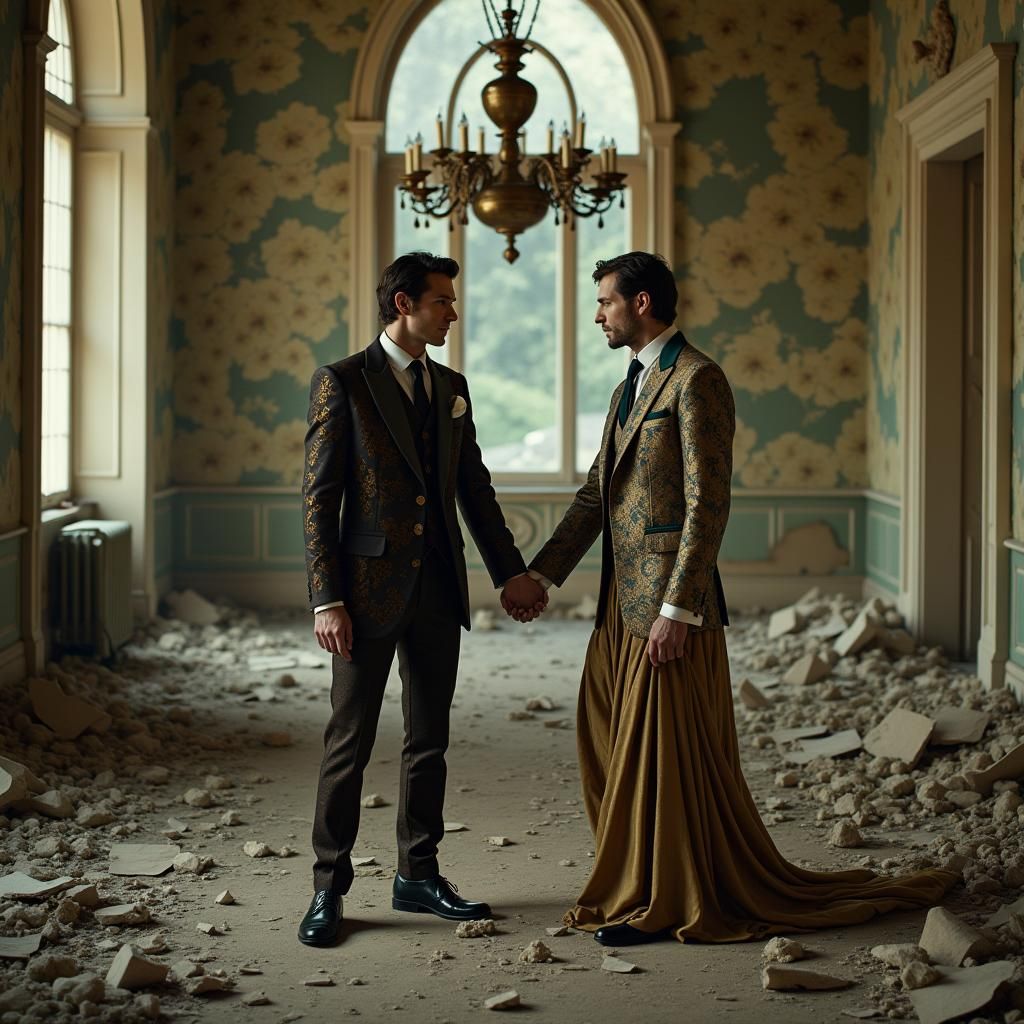 Art Nouveau: Men Hold Hands in Ruined Hall