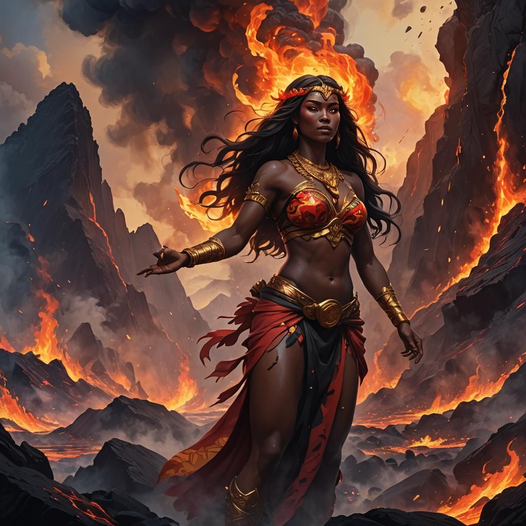 Pele, Goddess of Fire, in Volcanic Landscape