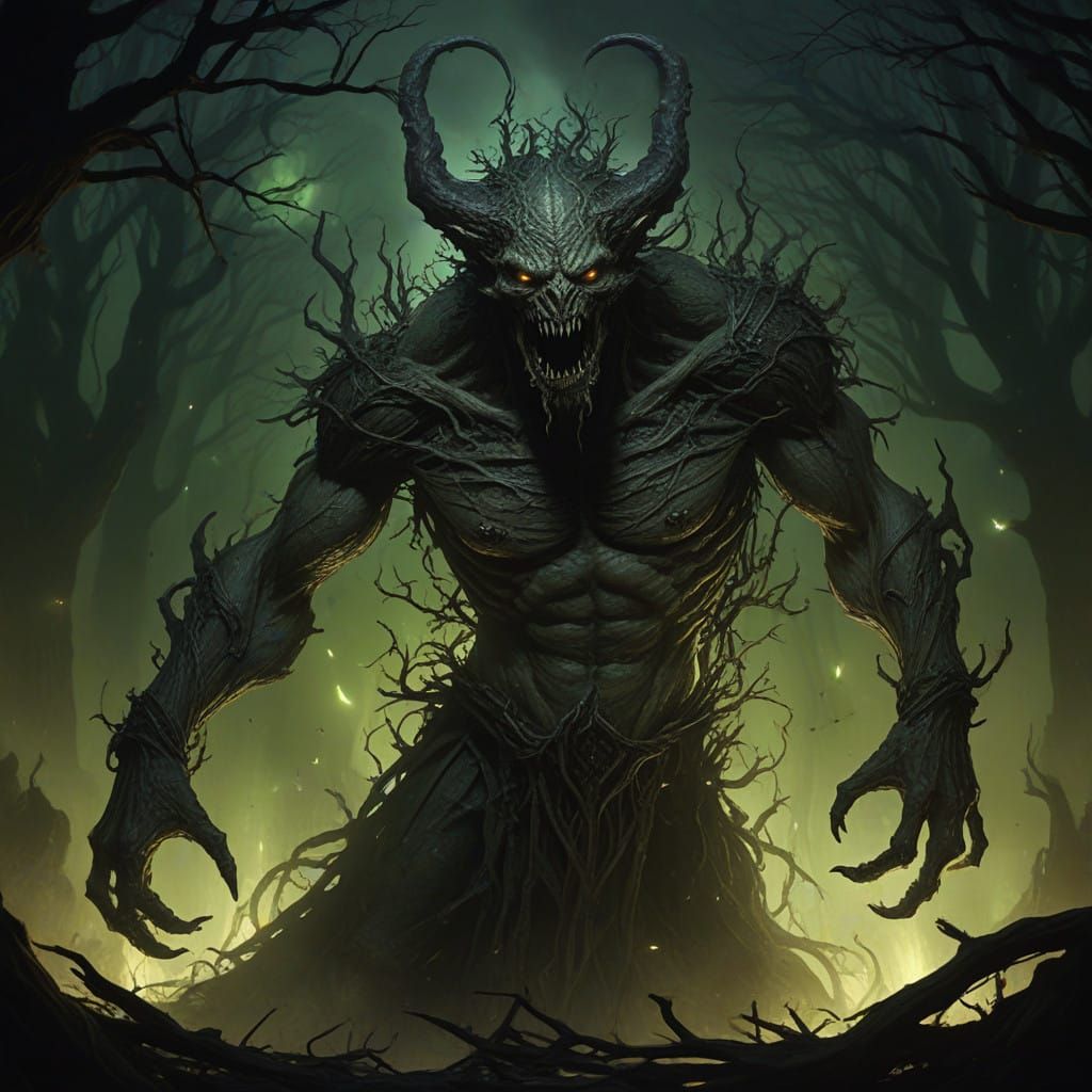 Twisted Tree Demon Rises from Shadows in Haunting Gothic Art