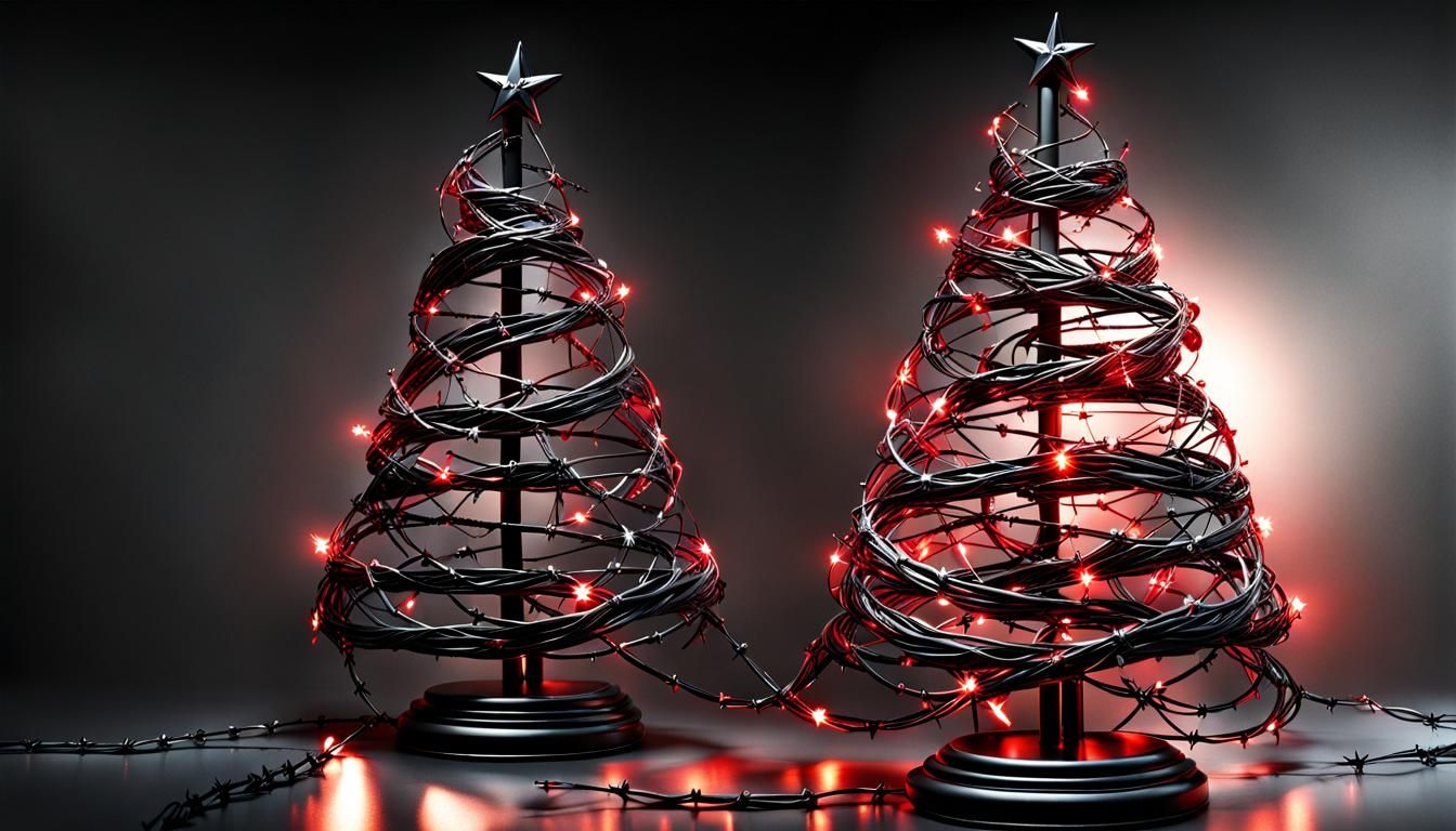 Barbed Wire Christmas Tree with Dramatic Lighting