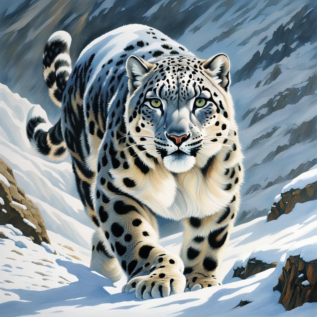 Snow Leopard Hunting in Snowy Mountains
