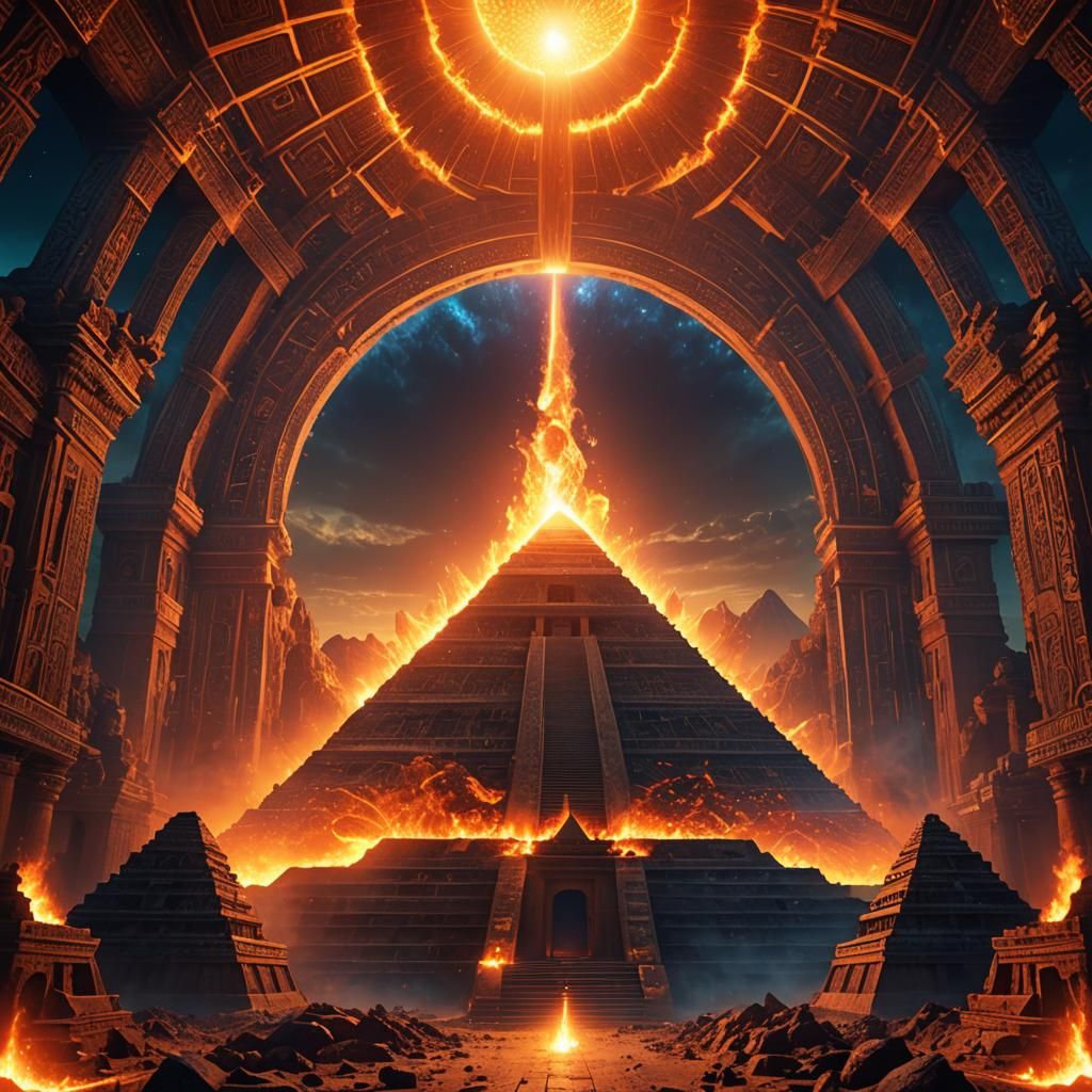 Fiery Sun Swings in Pyramid Temple Tunnel: 8K Art