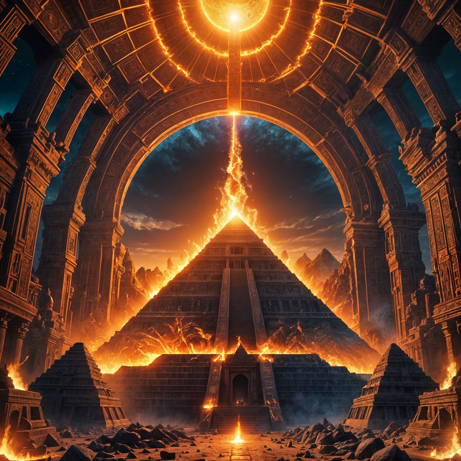 Burning Sun Pyramid Temple Tunnel Effect in Fantasy Art