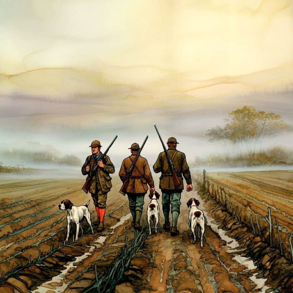 Hunters Amidst Foggy Fields in Watercolor