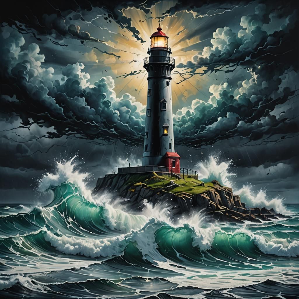 Hyperrealistic Lighthouse at Coastline with Dramatic Sky