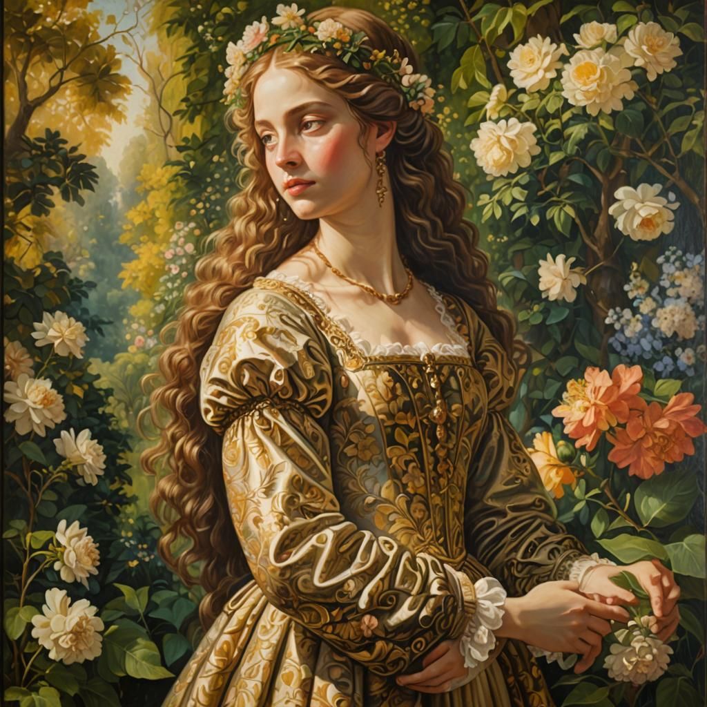 Renaissance Woman in Garden: An Oil Painting