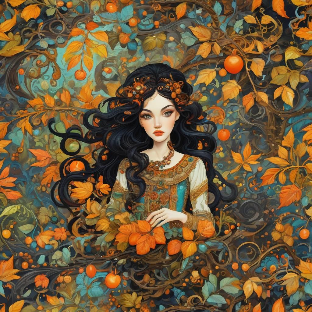 Spanish Maiden with Fruit in Gouache Swirls