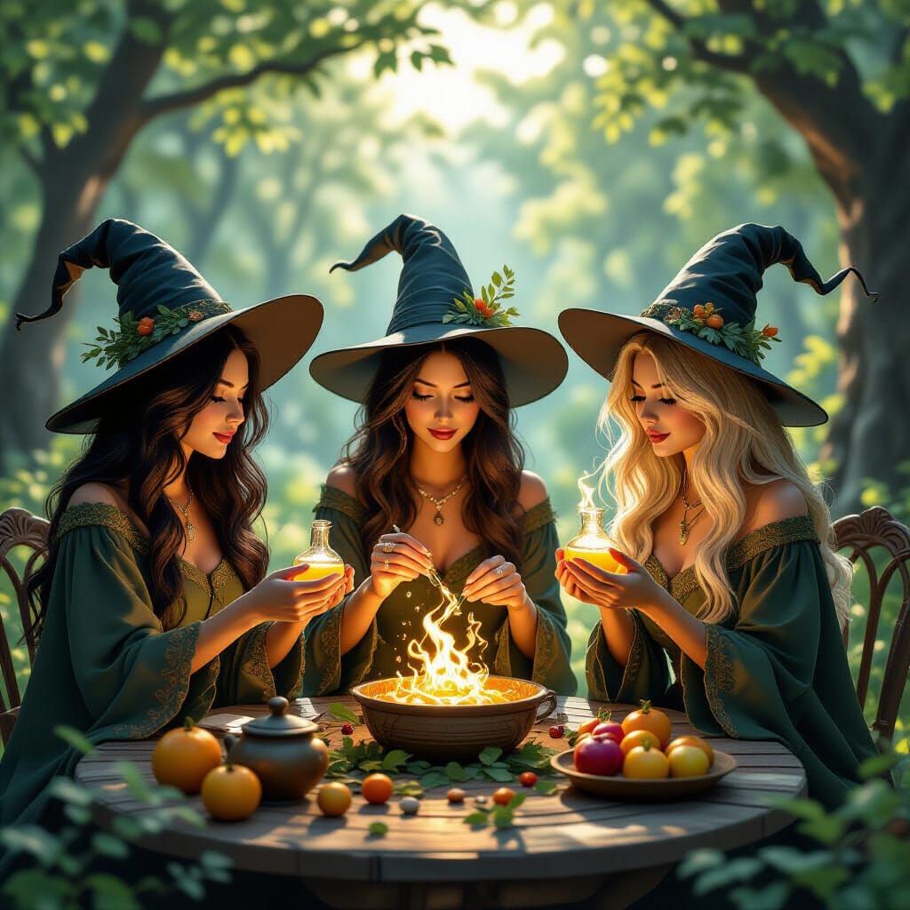Three Nature Witches Crafting Potions in Golden Hour