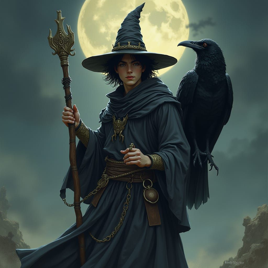 Young Wizard with Raven in Gothic Fantasy Style