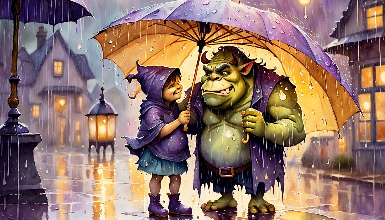 Ogre Shelters Mother and Child in Watercolor Style