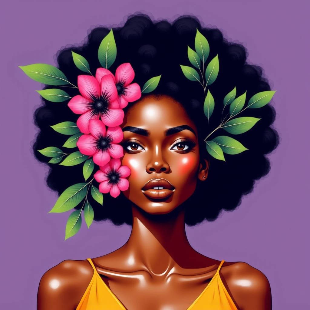 African American Woman in Vibrant Floral Illustration