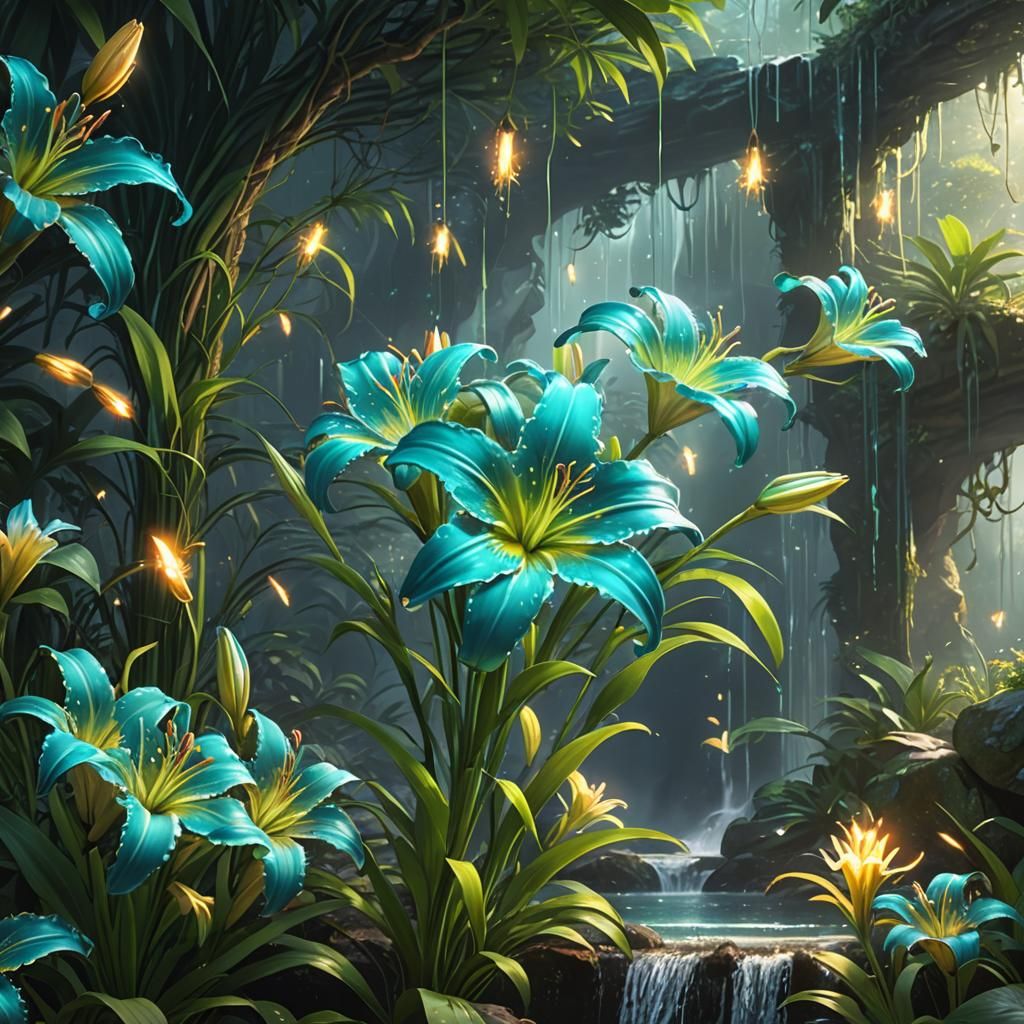 Luminous Filigree Lily with Fireflies in Jungle