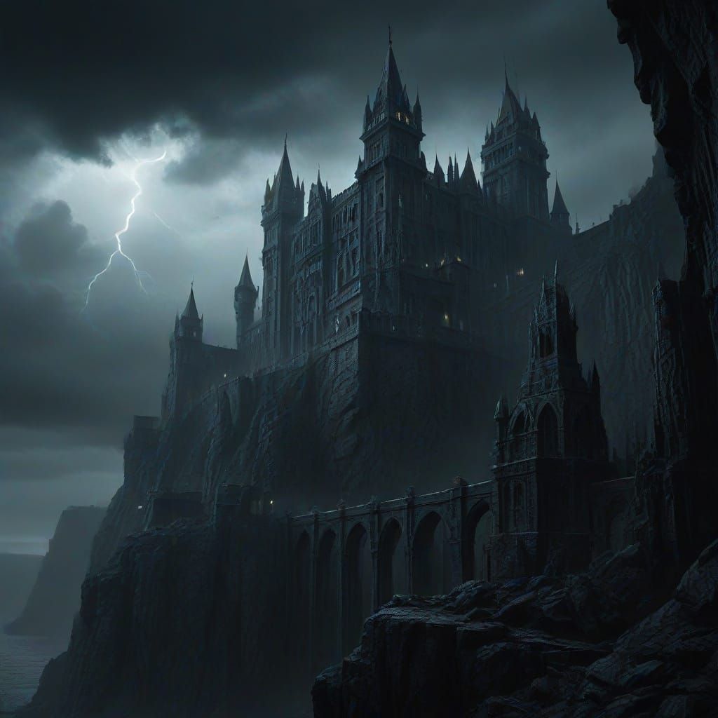 Gothic Supervillain Fortress on Cliff Face