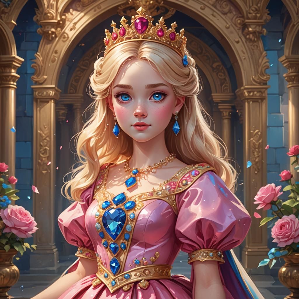 Cartoon Princess with Pink Dress and Gold Tiara