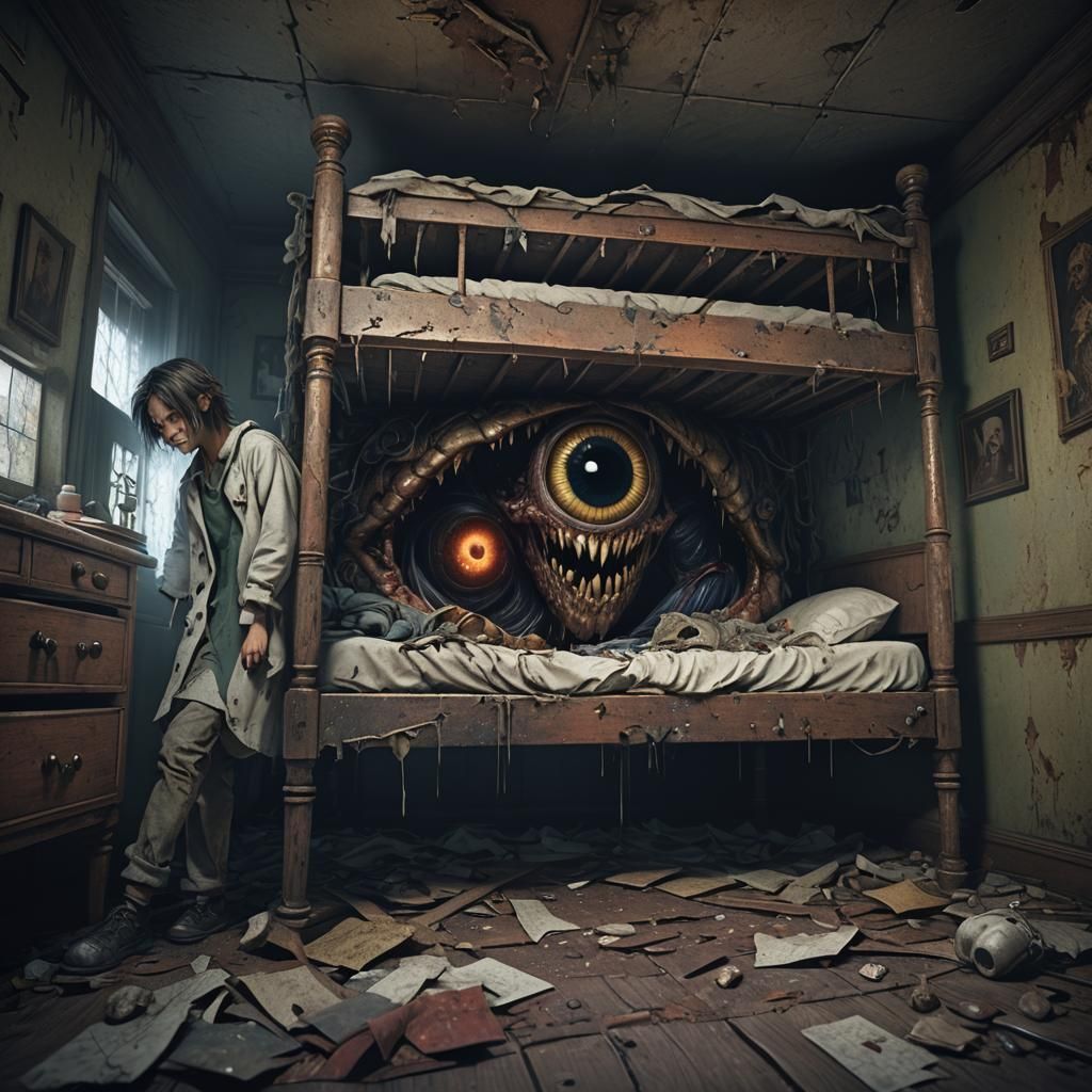 Eerie Asylum: Eyes Under Bed in Detailed Matte Painting