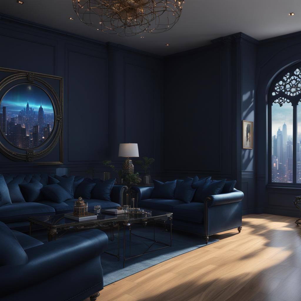 Gothic high-rise penthouse living room with dark blue walls and Hugh glass windows with a beautiful view and dark blue g...