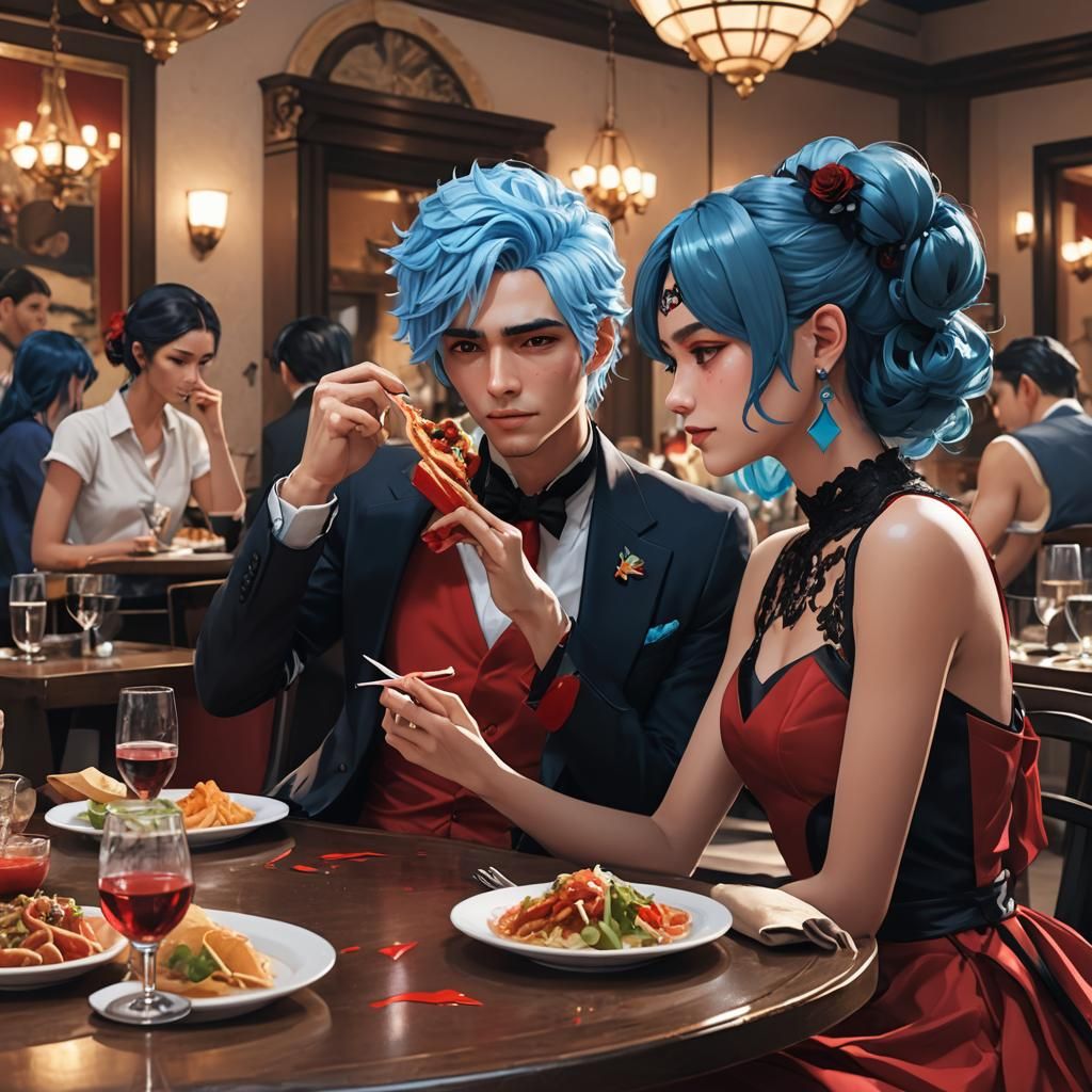 Mexican Girl and Blue-Haired Man in Anime Style