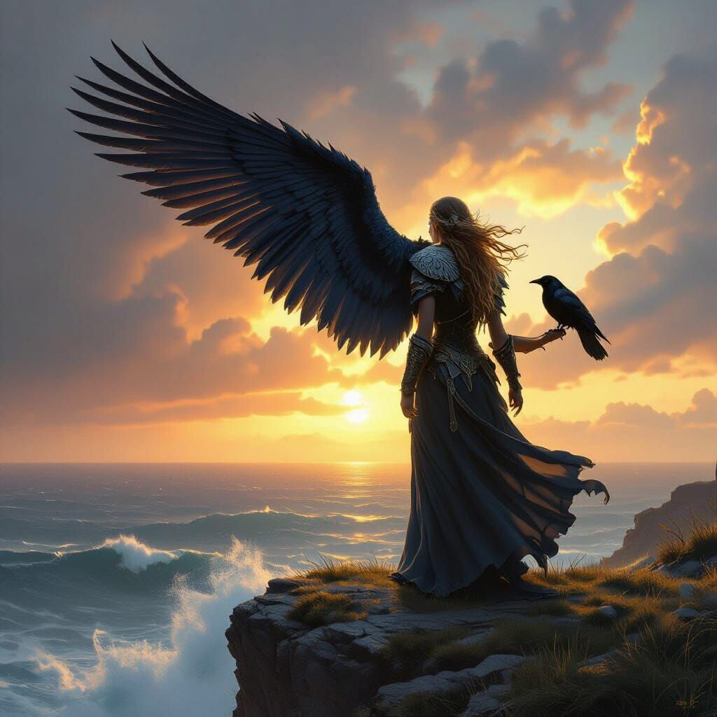 Valkyrie on Cliff Overlooking Stormy Sea, Realistic Fantasy ...