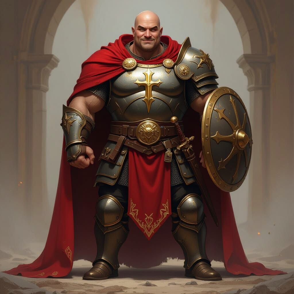 Kind Giant Warrior in Plate Armor with Red Cloak