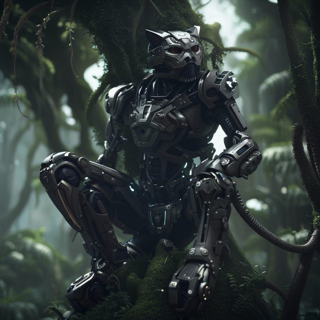 Futuristic Cat Soldier in Alien Jungle