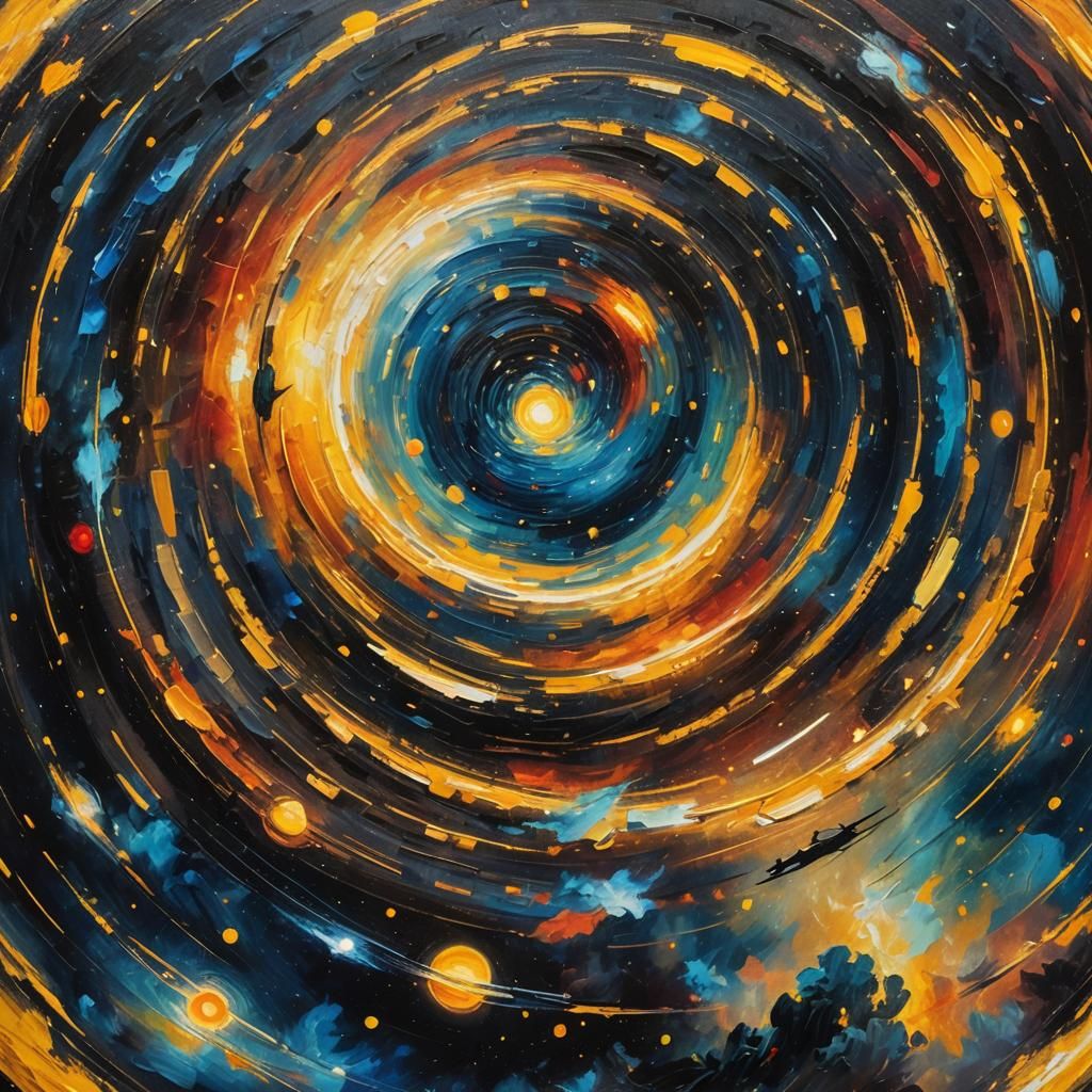 Galaxy Painting with Flying Saucer, Oil on Canvas