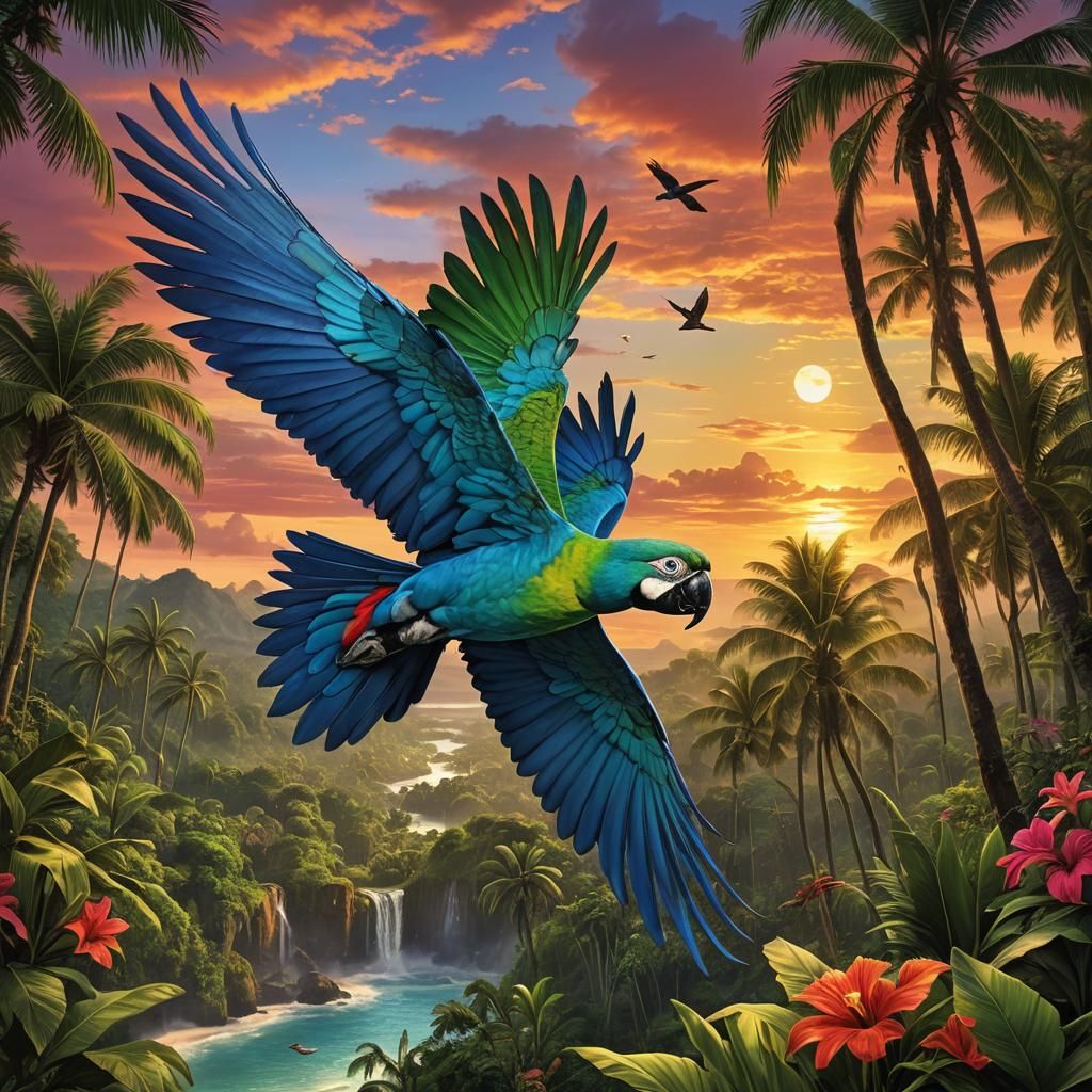 Macaw Soars Above Jewel-Toned Jungle Paradise