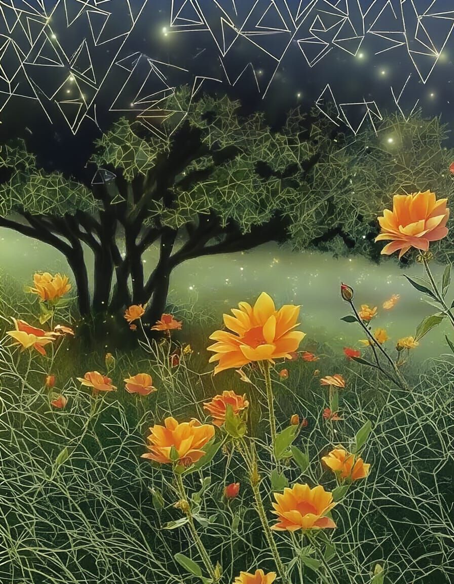 Starlit Flowers Bursting with Mystic Petals in Digital Art