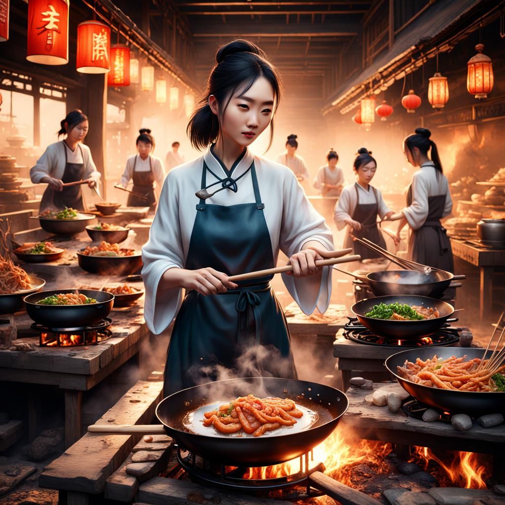 Chinese Women Frying Food: Detailed Matte Painting