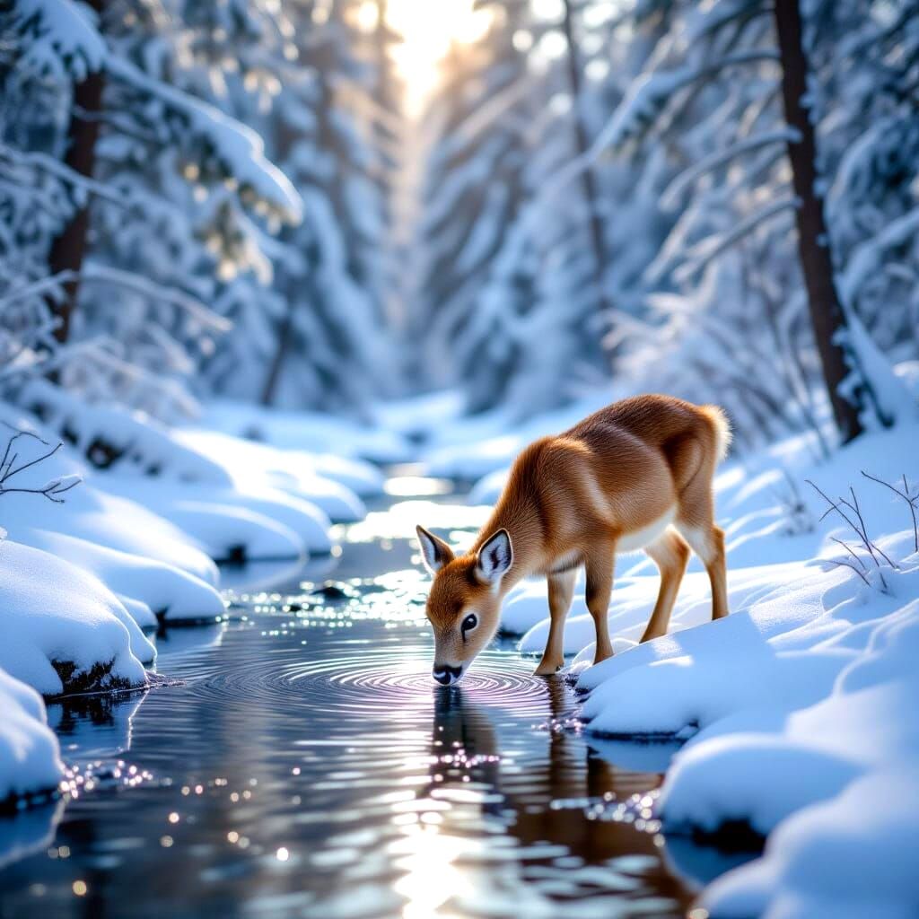 Snowy Forest Scene with Doe at Melting Creek