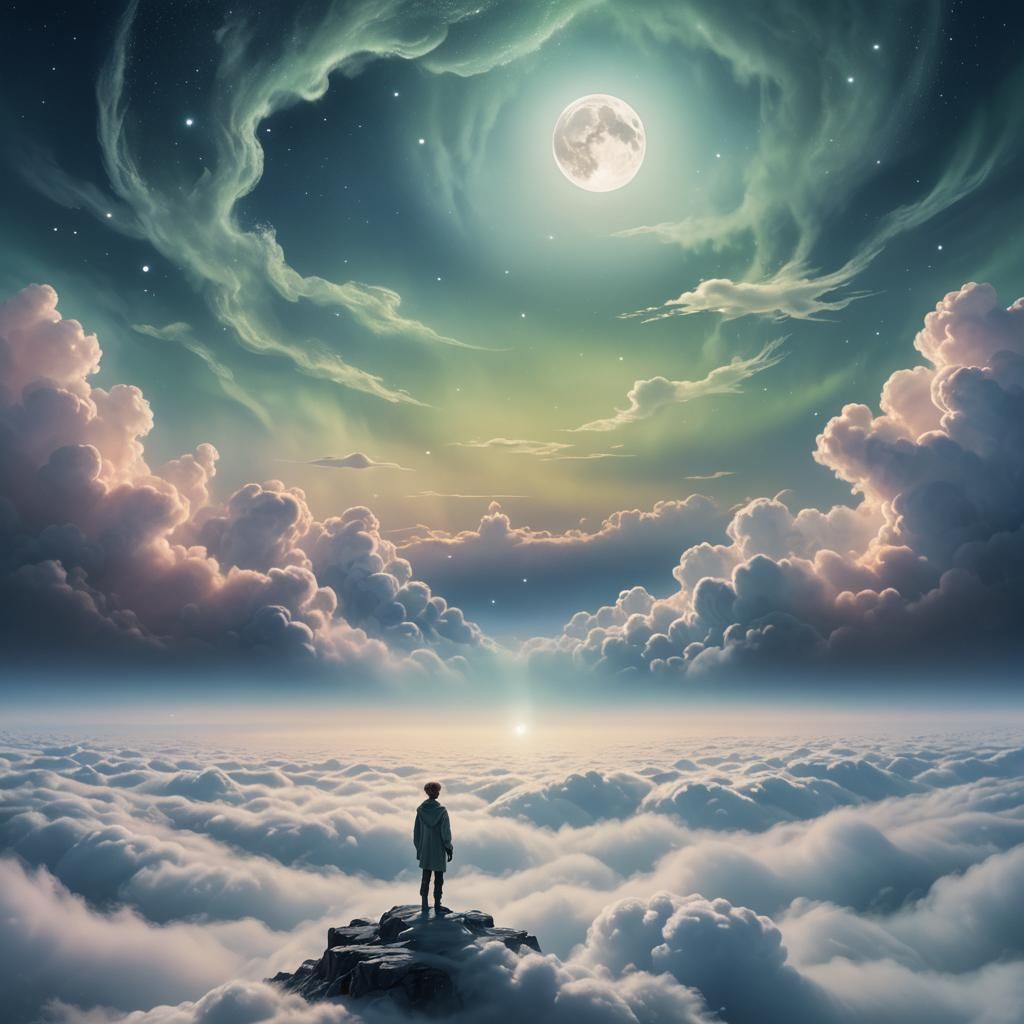 Miniature Person and Huge Moon in Dreamlike Art